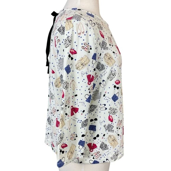Talbots 3/4 Sleeve Knit Tee Tie Keyhole Back Paris Fashion Print XL - Picture 3 of 6